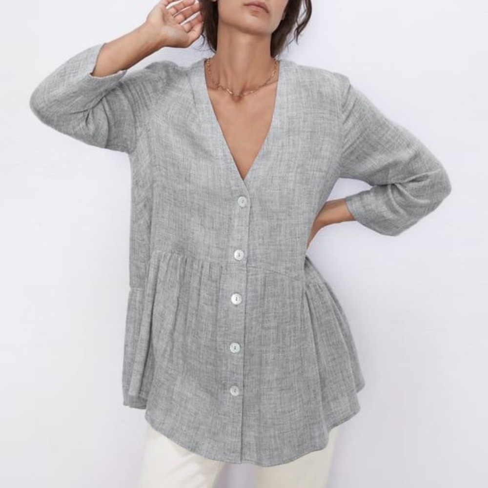 Zara Flowy Relxed Fit 3/4 Sleeve Button Down V Neck Soft Blouse Shirt Top Grey